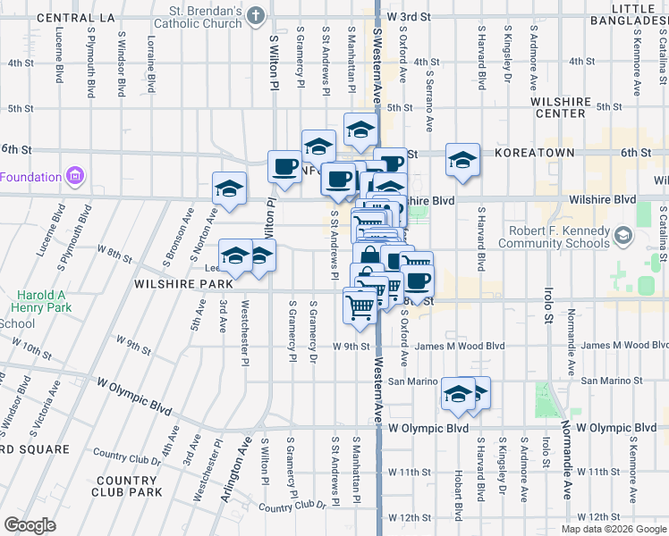 map of restaurants, bars, coffee shops, grocery stores, and more near 718 South Saint Andrews Place in Los Angeles