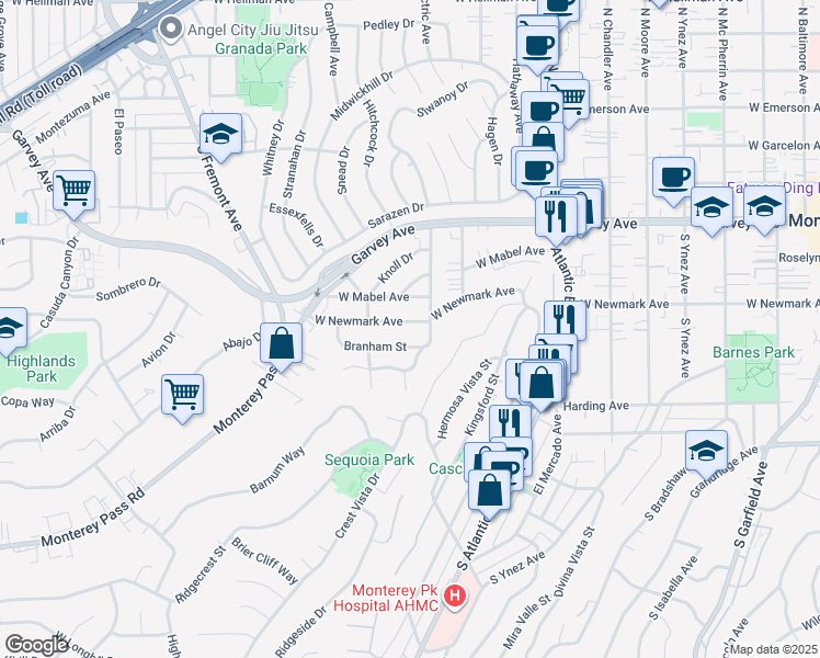map of restaurants, bars, coffee shops, grocery stores, and more near 1118 West Newmark Avenue in Monterey Park
