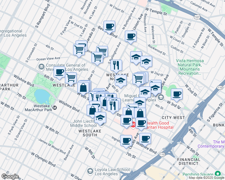 map of restaurants, bars, coffee shops, grocery stores, and more near 401 Union Drive in Los Angeles