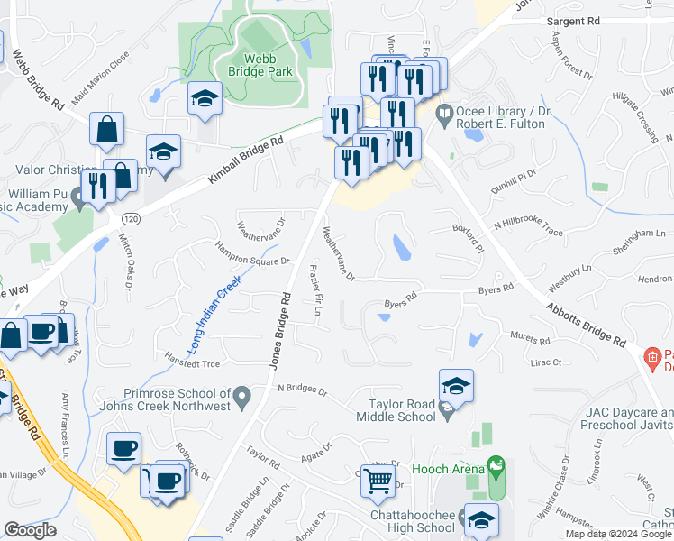 map of restaurants, bars, coffee shops, grocery stores, and more near 4951 Weathervane Drive in Alpharetta