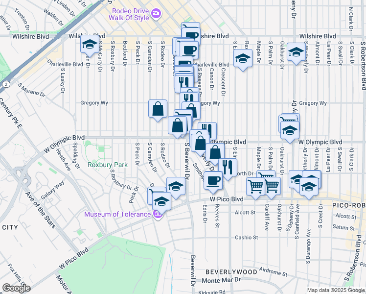 map of restaurants, bars, coffee shops, grocery stores, and more near 423 South Beverwil Drive in Beverly Hills