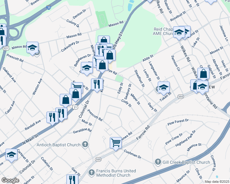 map of restaurants, bars, coffee shops, grocery stores, and more near 1529 Mayer Street in Columbia