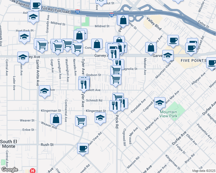 map of restaurants, bars, coffee shops, grocery stores, and more near 11209 Elliott Avenue in El Monte