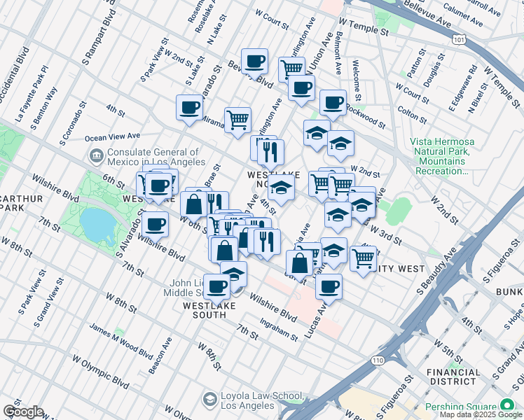 map of restaurants, bars, coffee shops, grocery stores, and more near 407 Union Drive in Los Angeles