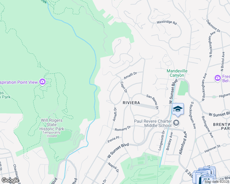 map of restaurants, bars, coffee shops, grocery stores, and more near 1550 Amalfi Drive in Los Angeles