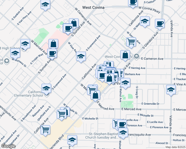 map of restaurants, bars, coffee shops, grocery stores, and more near 923 West Vine Avenue in West Covina