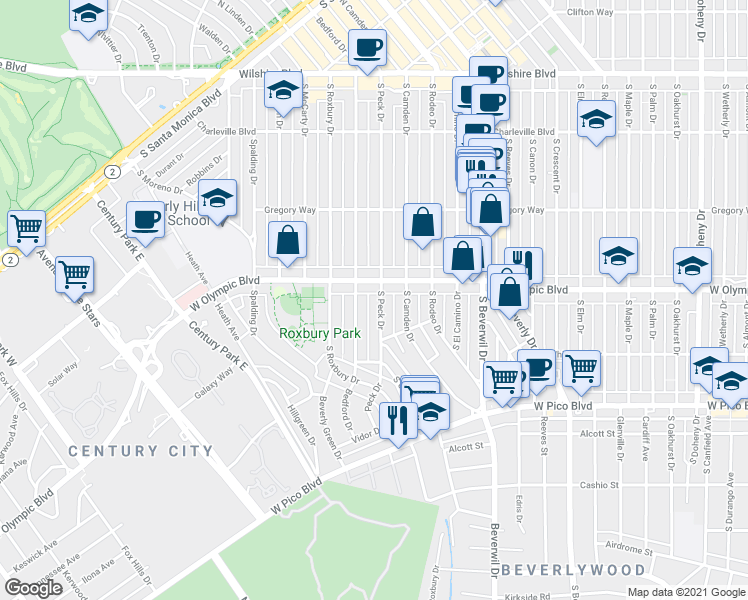 map of restaurants, bars, coffee shops, grocery stores, and more near 423 South Peck Drive in Beverly Hills