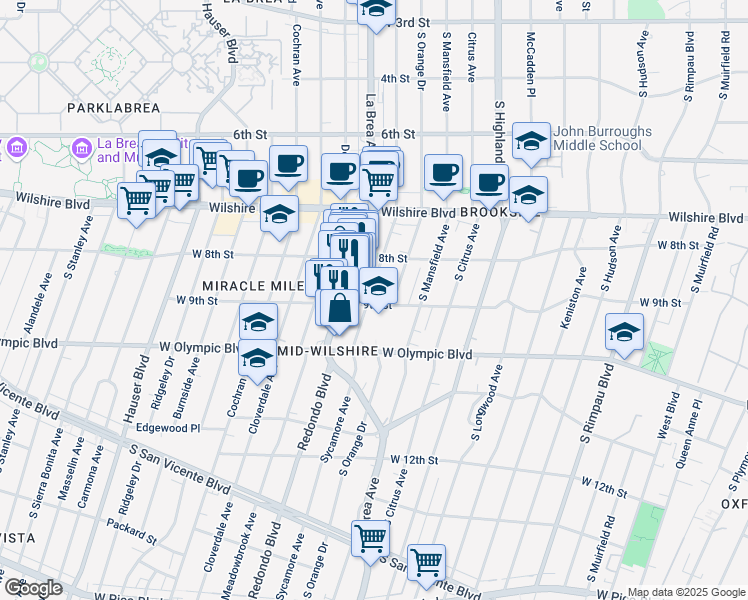 map of restaurants, bars, coffee shops, grocery stores, and more near 854 South Sycamore Avenue in Los Angeles