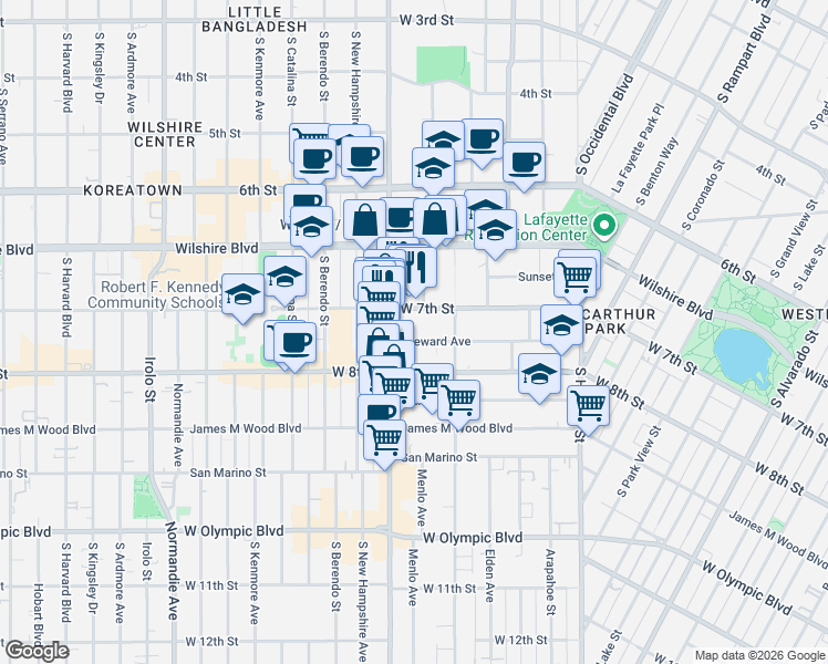 map of restaurants, bars, coffee shops, grocery stores, and more near 3029 Leeward Avenue in Los Angeles