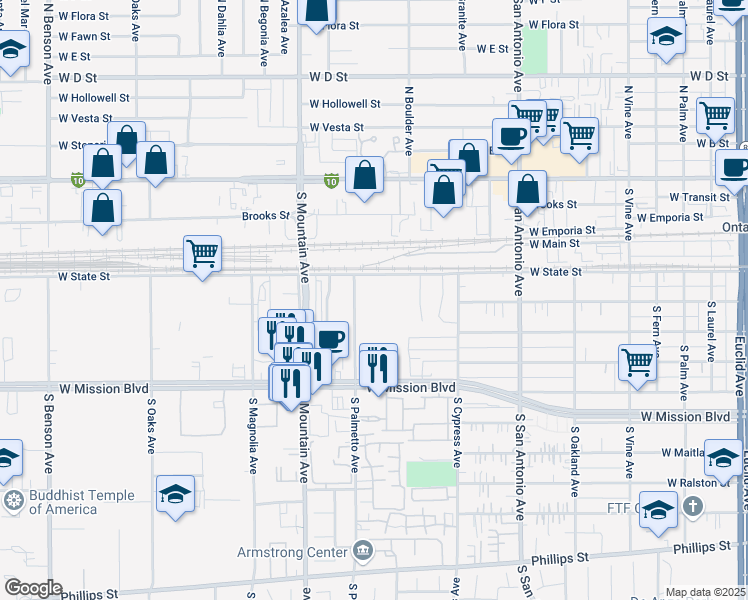 map of restaurants, bars, coffee shops, grocery stores, and more near 949 West State Street in Ontario