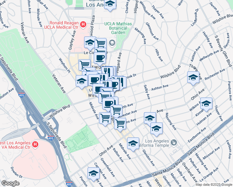 map of restaurants, bars, coffee shops, grocery stores, and more near 10850 Wilshire Boulevard in Los Angeles