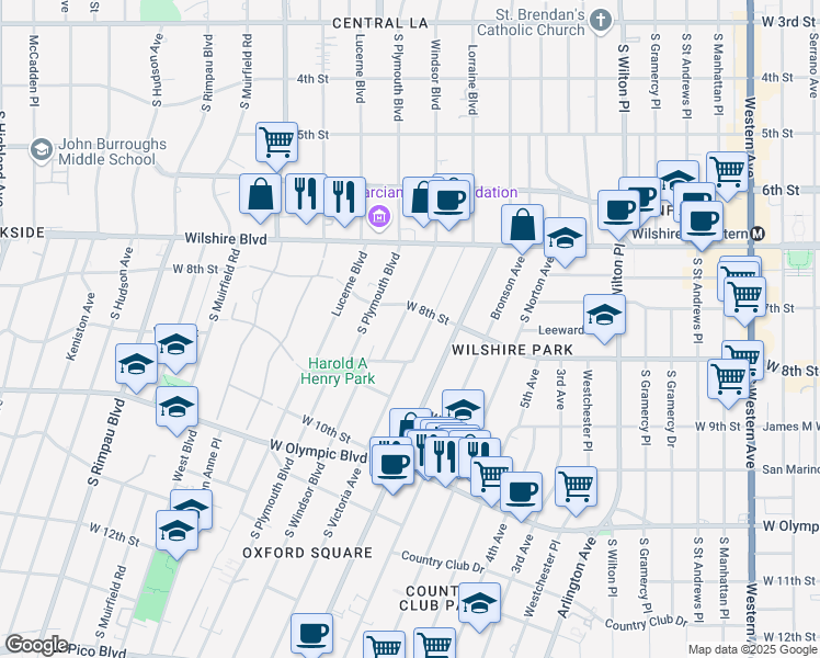 map of restaurants, bars, coffee shops, grocery stores, and more near 822 South Windsor Boulevard in Los Angeles