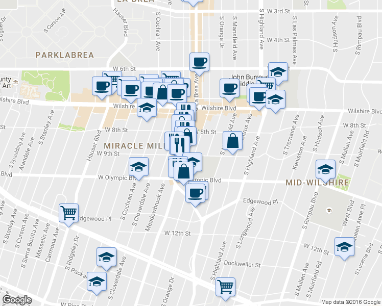 map of restaurants, bars, coffee shops, grocery stores, and more near 855 South Sycamore Avenue in Los Angeles