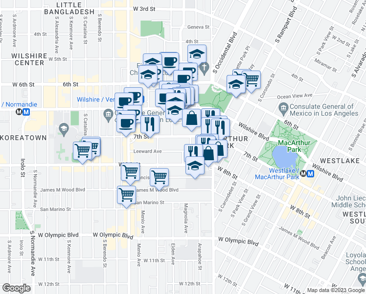 map of restaurants, bars, coffee shops, grocery stores, and more near 2905 Leeward Avenue in Los Angeles