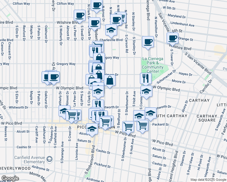 map of restaurants, bars, coffee shops, grocery stores, and more near 8686 West Olympic Boulevard in Los Angeles