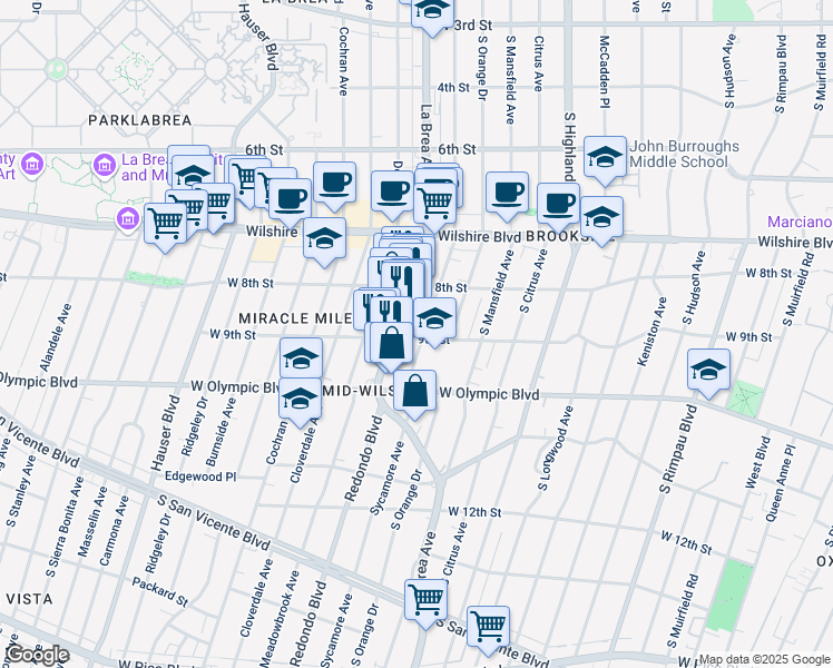 map of restaurants, bars, coffee shops, grocery stores, and more near 855 South Sycamore Avenue in Los Angeles