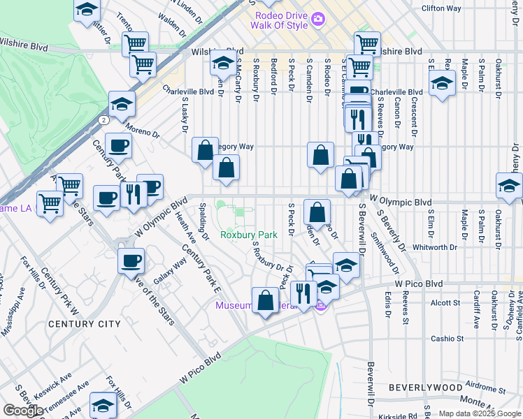 map of restaurants, bars, coffee shops, grocery stores, and more near 424 South Roxbury Drive in Beverly Hills