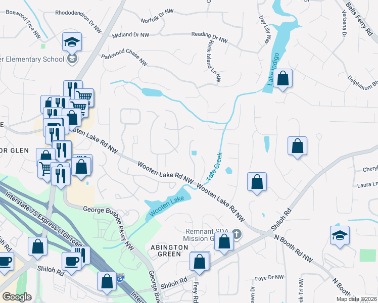 map of restaurants, bars, coffee shops, grocery stores, and more near 1243 Long Meadow Drive Northwest in Kennesaw