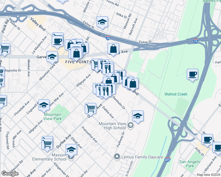 map of restaurants, bars, coffee shops, grocery stores, and more near 3027 Durfee Avenue in El Monte