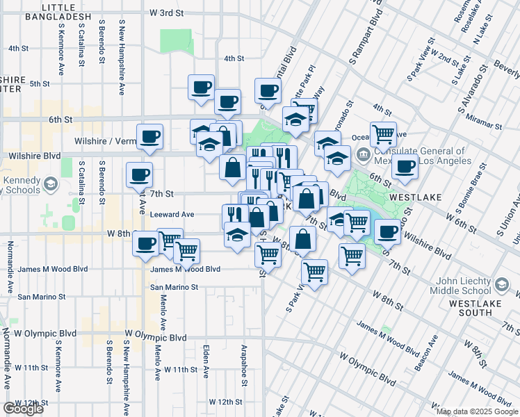 map of restaurants, bars, coffee shops, grocery stores, and more near 719 South Hoover Street in Los Angeles