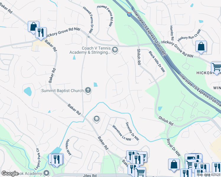map of restaurants, bars, coffee shops, grocery stores, and more near 2170 Sugar Maple Cove Northwest in Acworth
