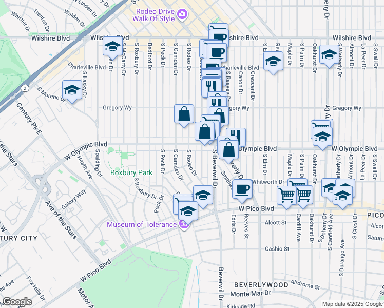 map of restaurants, bars, coffee shops, grocery stores, and more near 422 South Rodeo Drive in Beverly Hills