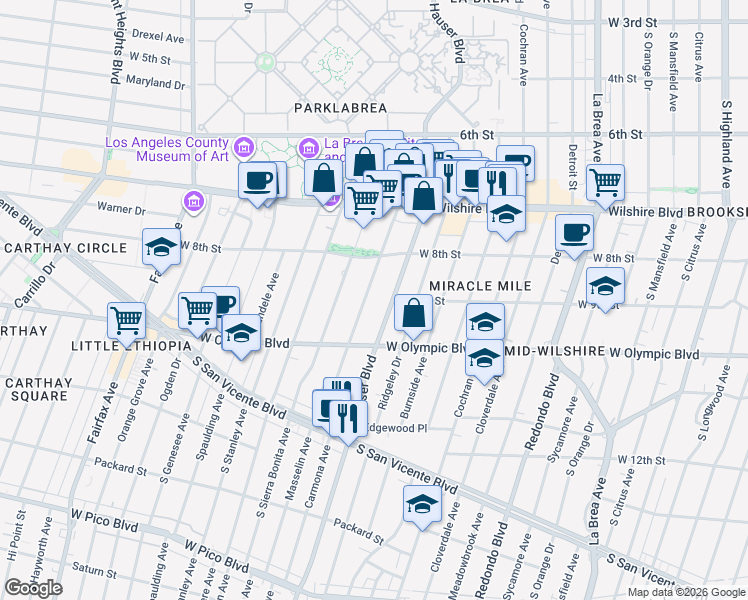 map of restaurants, bars, coffee shops, grocery stores, and more near 850 Masselin Avenue in Los Angeles