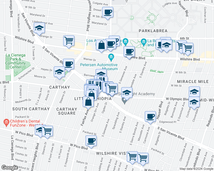 map of restaurants, bars, coffee shops, grocery stores, and more near 920 South Orange Grove Avenue in Los Angeles