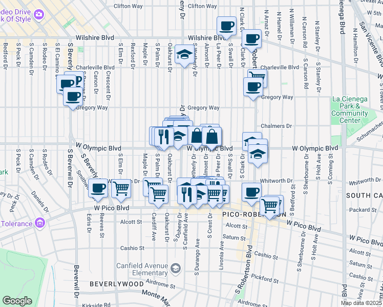 map of restaurants, bars, coffee shops, grocery stores, and more near 9030 West Olympic Boulevard in Beverly Hills