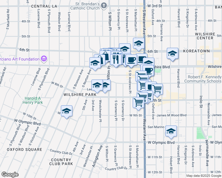 map of restaurants, bars, coffee shops, grocery stores, and more near 726 South Wilton Place in Los Angeles