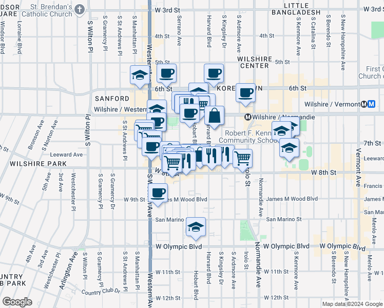 map of restaurants, bars, coffee shops, grocery stores, and more near 729 South Hobart Boulevard in Los Angeles