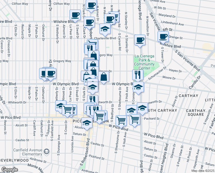 map of restaurants, bars, coffee shops, grocery stores, and more near 8686 West Olympic Boulevard in Los Angeles