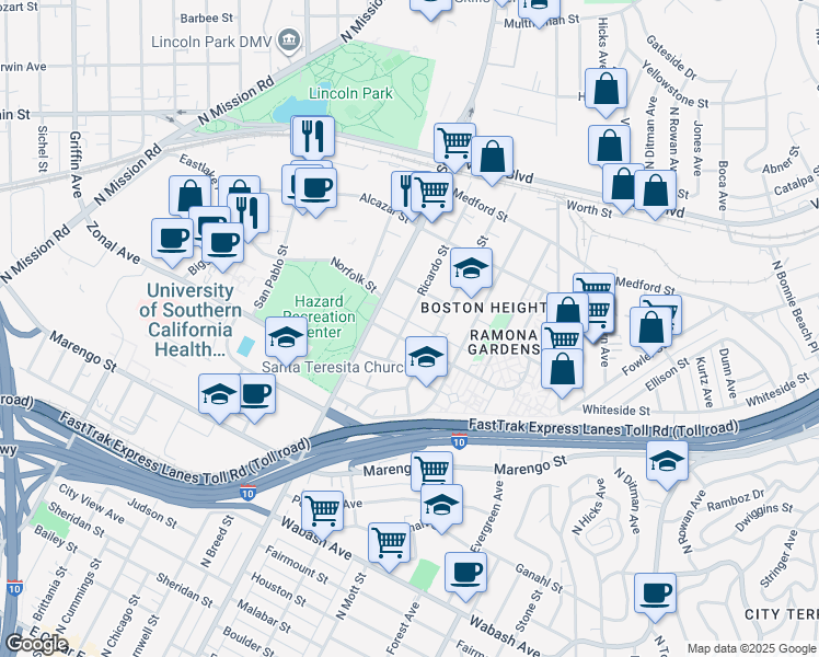 map of restaurants, bars, coffee shops, grocery stores, and more near 1422 Ricardo Street in Los Angeles
