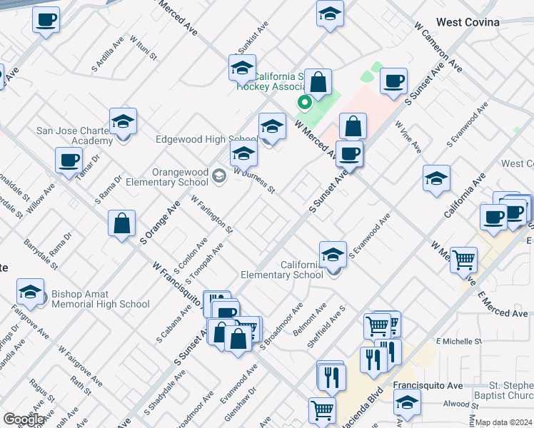 map of restaurants, bars, coffee shops, grocery stores, and more near 1561 Island in West Covina