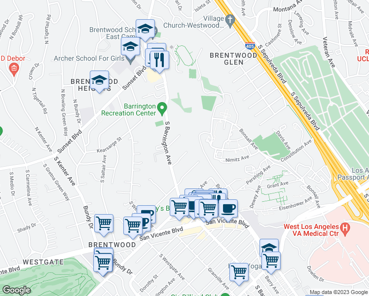 map of restaurants, bars, coffee shops, grocery stores, and more near 11611 Terryhill Pl in Los Angeles