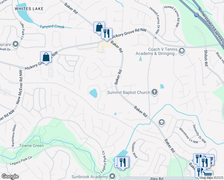 map of restaurants, bars, coffee shops, grocery stores, and more near 4537 Flictwick Way in Acworth