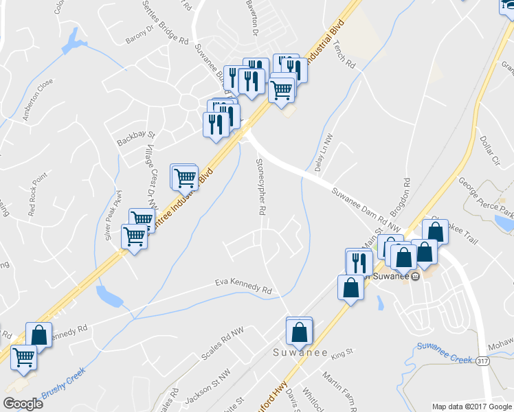 map of restaurants, bars, coffee shops, grocery stores, and more near 4162 Stonecypher Road in Suwanee