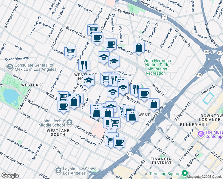 map of restaurants, bars, coffee shops, grocery stores, and more near W 3rd St & Witmer St in Los Angeles