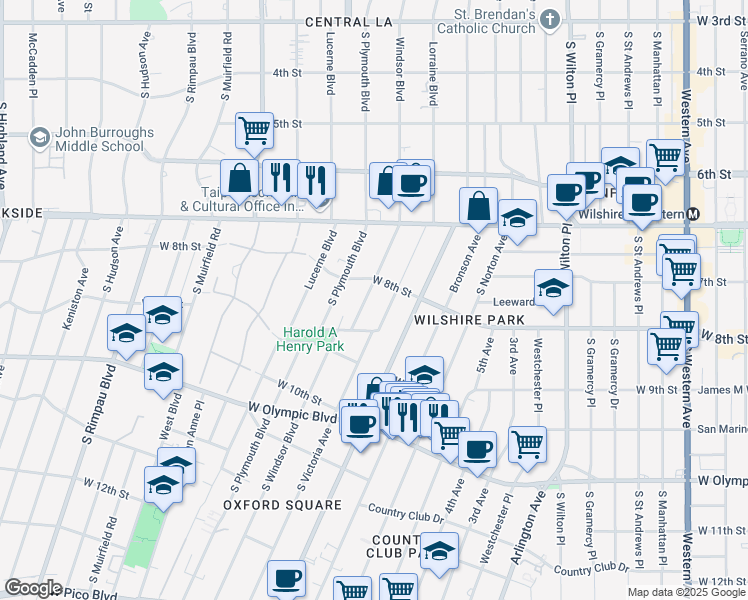 map of restaurants, bars, coffee shops, grocery stores, and more near 822 South Windsor Boulevard in Los Angeles