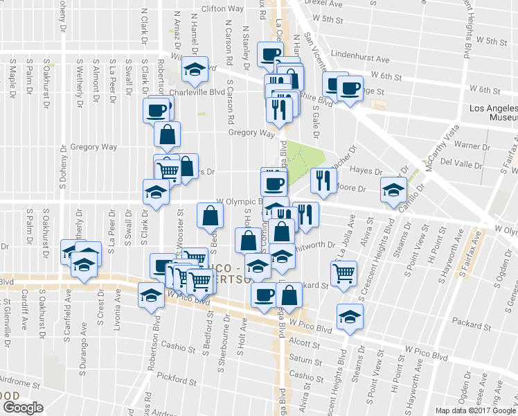 map of restaurants, bars, coffee shops, grocery stores, and more near 1010 South Corning Street in Los Angeles