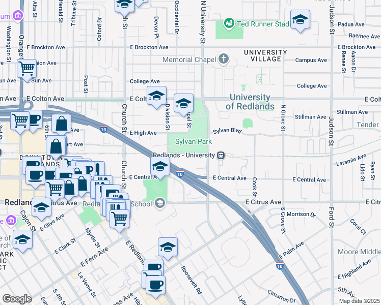 map of restaurants, bars, coffee shops, grocery stores, and more near 1100 East Park Avenue in Redlands