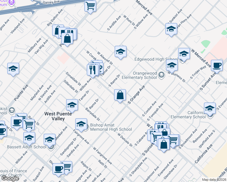 map of restaurants, bars, coffee shops, grocery stores, and more near 1926 West Lufkin Street in West Covina