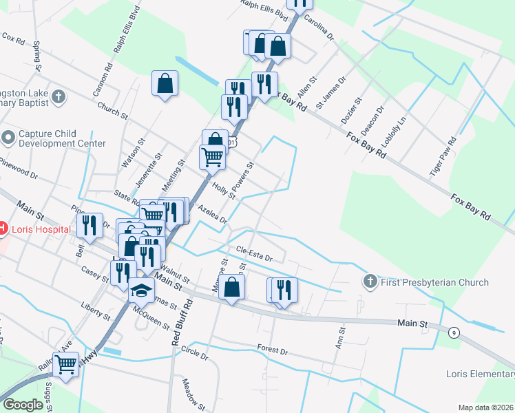 map of restaurants, bars, coffee shops, grocery stores, and more near 4667 Holly Street in Loris