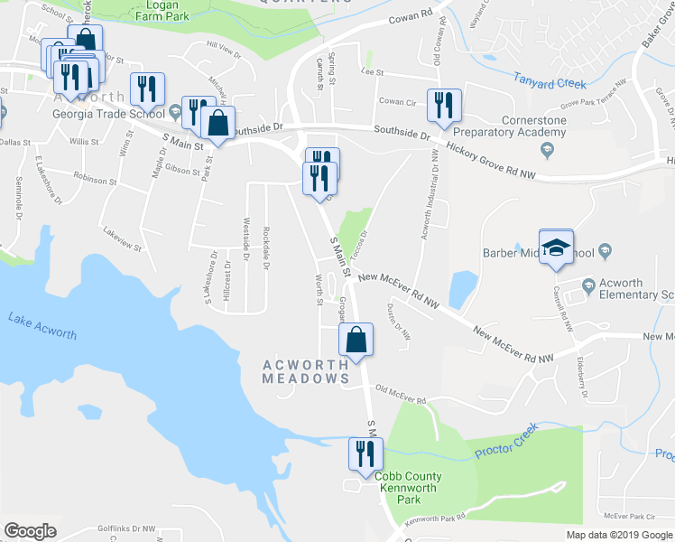 map of restaurants, bars, coffee shops, grocery stores, and more near 4291 Grogan Street in Acworth