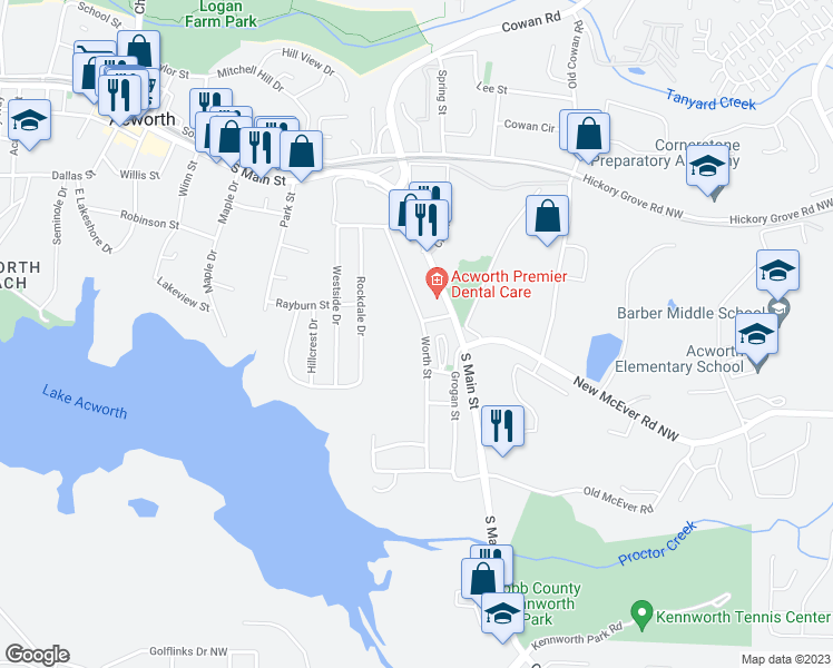 map of restaurants, bars, coffee shops, grocery stores, and more near 4289 Worth Street in Acworth