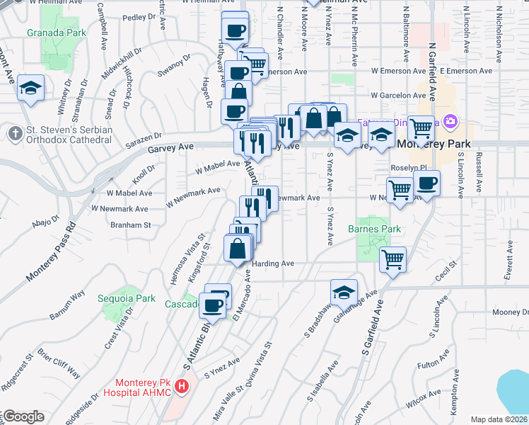 map of restaurants, bars, coffee shops, grocery stores, and more near 328 South Atlantic Boulevard in Monterey Park