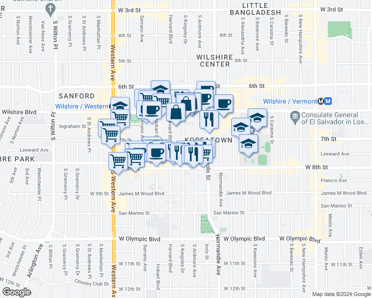 map of restaurants, bars, coffee shops, grocery stores, and more near 720 South Kingsley Drive in Los Angeles