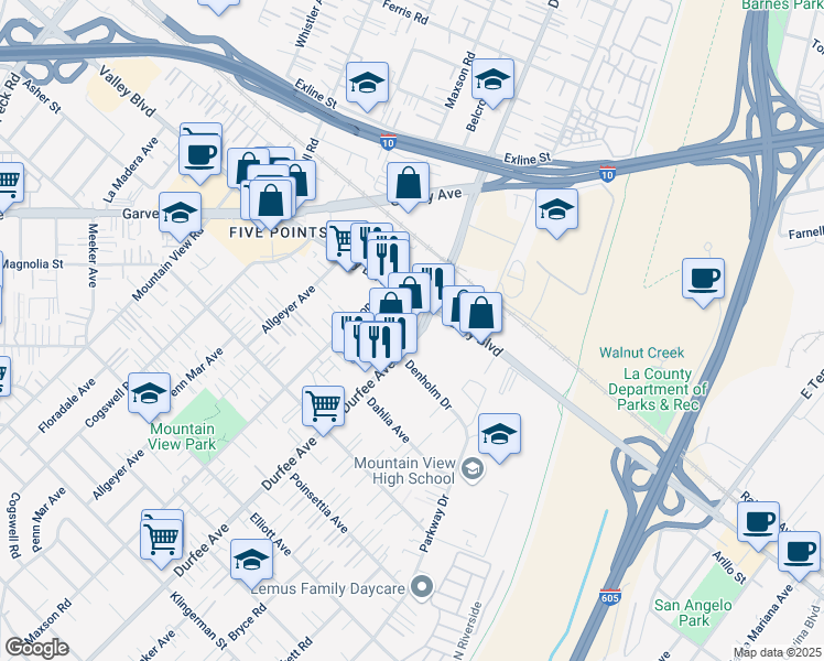 map of restaurants, bars, coffee shops, grocery stores, and more near 3027 Durfee Avenue in El Monte