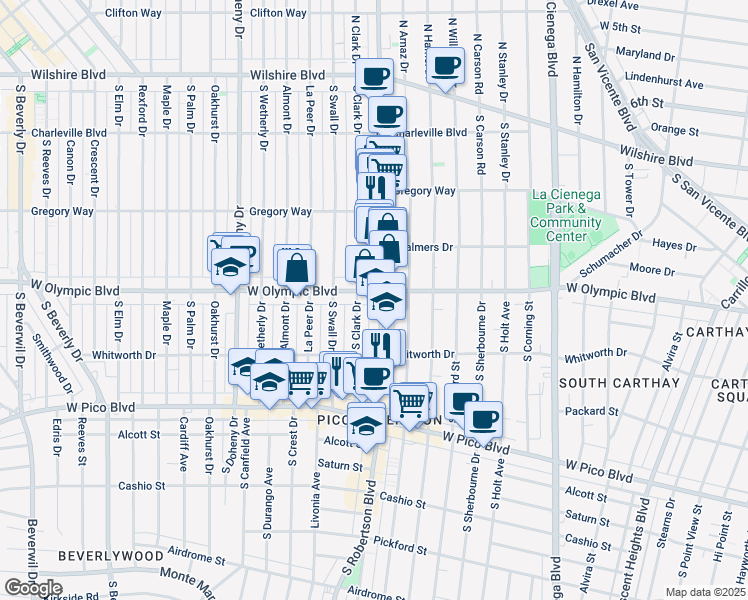 map of restaurants, bars, coffee shops, grocery stores, and more near 8822 West Olympic Boulevard in Beverly Hills