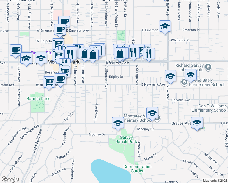 map of restaurants, bars, coffee shops, grocery stores, and more near 424 East Newmark Avenue in Monterey Park
